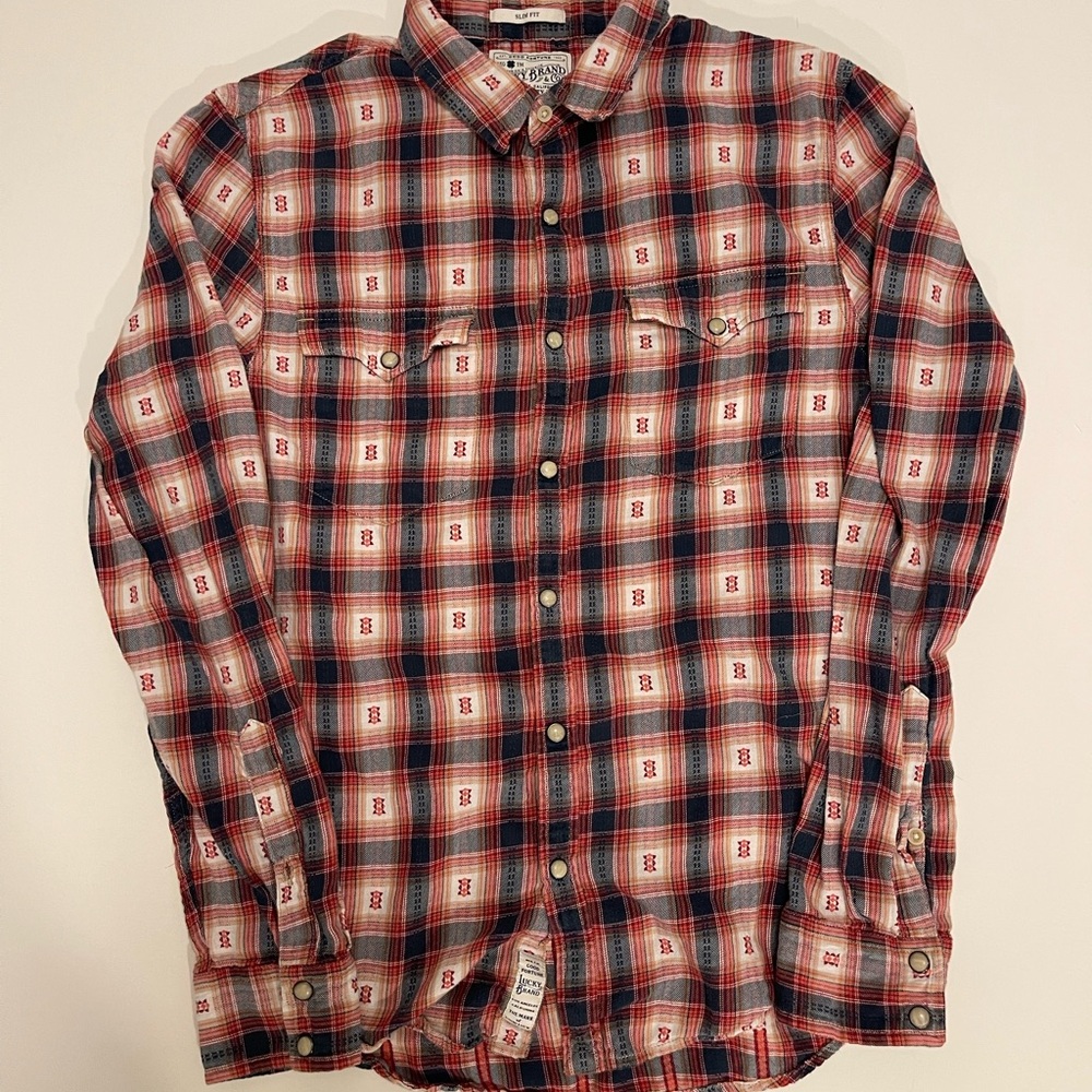Lucky Brand Red and Blue Plaid Western Snap Button Shirt
